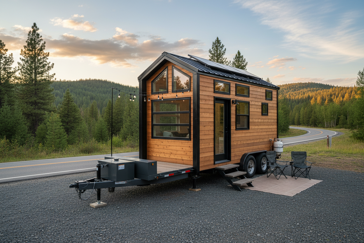 Remorque plate avec tiny house montée
