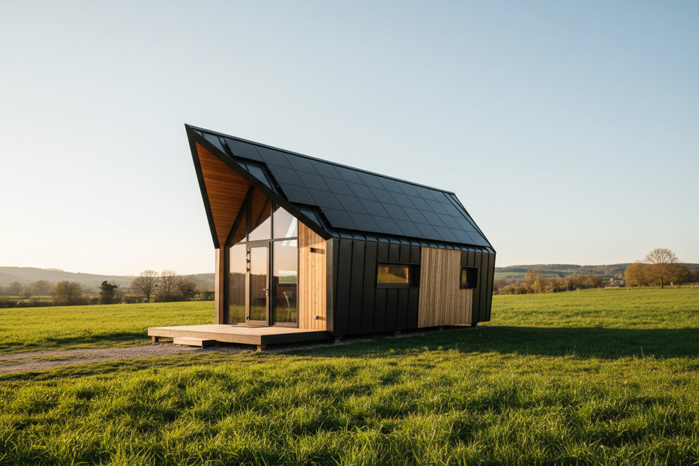 Panneaux solaires installés sur toit de tiny house