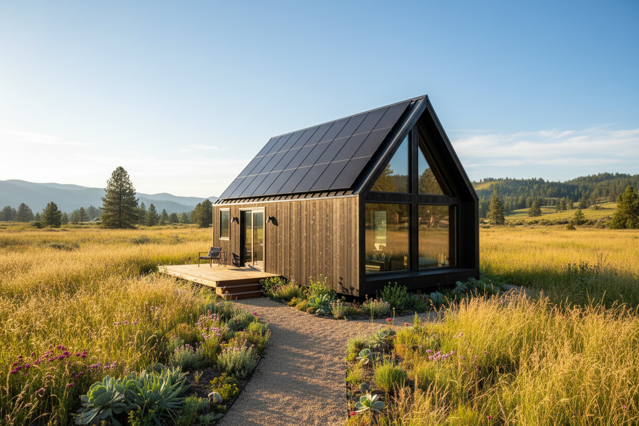 Panneaux solaires installés sur toit de tiny house