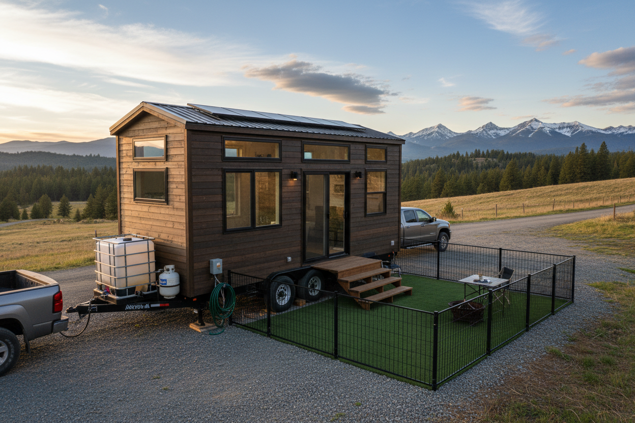 Remorque plate avec tiny house montée