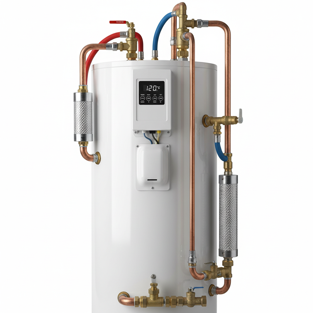 Chauffe-eau pour maison mobile - vue de côté avec raccords