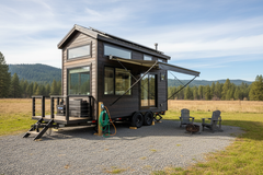 Remorque plate avec tiny house montée